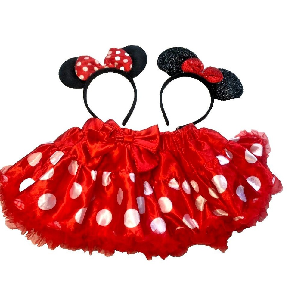 Disney Minnie Mouse Skirt Red Polka Dot Ruffled Tulle Costume w/ Ears -Size 4 T